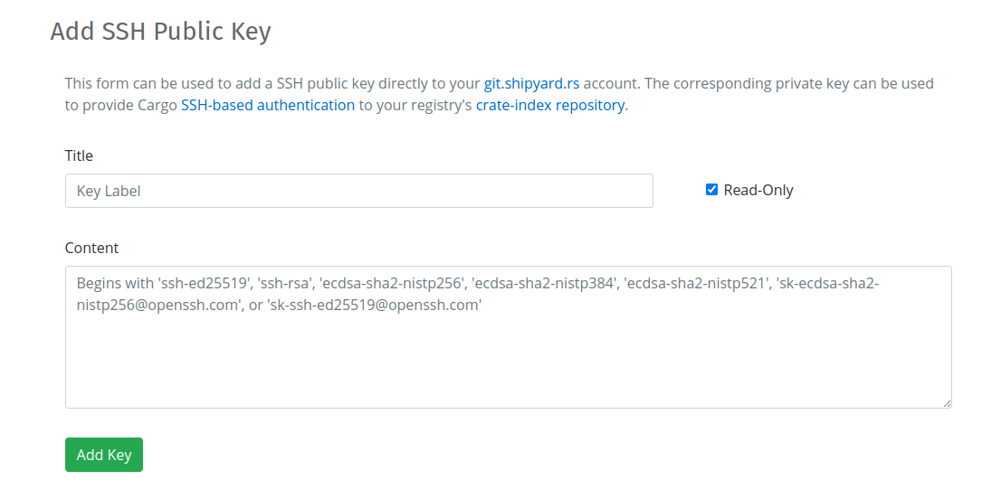 Form to add a ssh public key to your git.shipyard.rs account